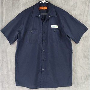 Red Kap Shirt Mens XLarge Blue Work Wear Nerd Power Patch Button up Short Sleeve